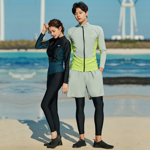 Couple plus size wetsuit split men's long-sleeved trousers hooded sun protection quick-drying suit surfing snorkeling swimsuit summer black and green men's three-piece suit L