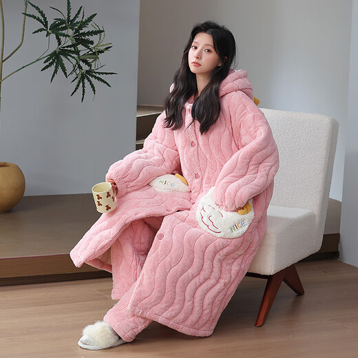 Jiaqi Koralle Velvet-Pyjamas für Frauen im Herbst und Winter, verdickte und plüschige dreischichtige Baumwolljacke Flanell Long niedlicher Nachthemdanzug 1349 M Code 160 Empfohlenes Gewicht 80-100 Jin [Jin gleich 0,5 kg]