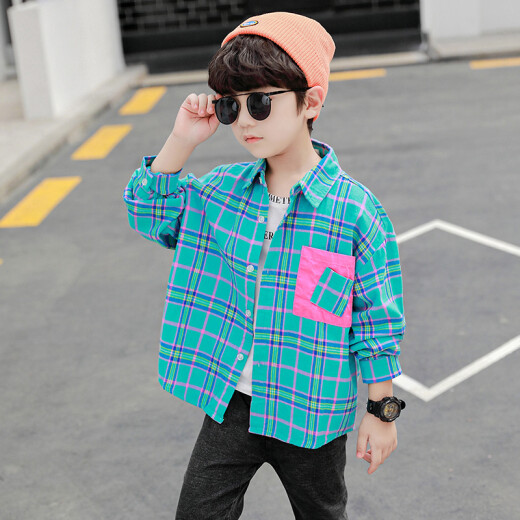 New arrivals, new boys' shirts, long-sleeved autumn styles, 2020 new style children's style plaid tops, medium and large children's autumn and winter pure cotton shirts blue 110cm
