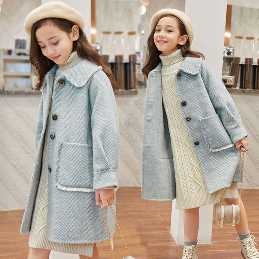 Disney Girls Wolljacke Herbst und Winter neuer koreanischer Stil verdickter Baumwollwölfungsmantel mit mittlerer Länge modischer Frühling und Herbst hellblau [Baumwollfutter] 160