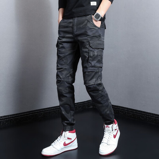 Gekochte Cui (Shucui) Frühlings- und Sommer-Herrenhose koreanische Style Trendy Marke Slim Casual Hosen für die trendige Persönlichkeit von Männern vielseitige Mehrfach-Tasten-Tarn-Tarn-Herren-modische Fußbindung Herrenhosen WJL-692e Größe 30 (Taillenumfang 2 Fuß 3)