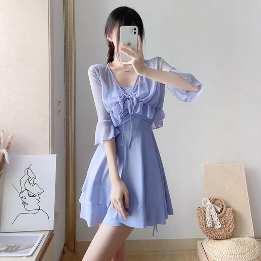 Bo Na Ling swimsuit women's ins hot spring swimsuit one-piece swimsuit outer skirt conservative sexy sun protection short sleeves slimming belly cover blue skirt swimsuit 80-120Jin Jin is equal to 0.5 kg