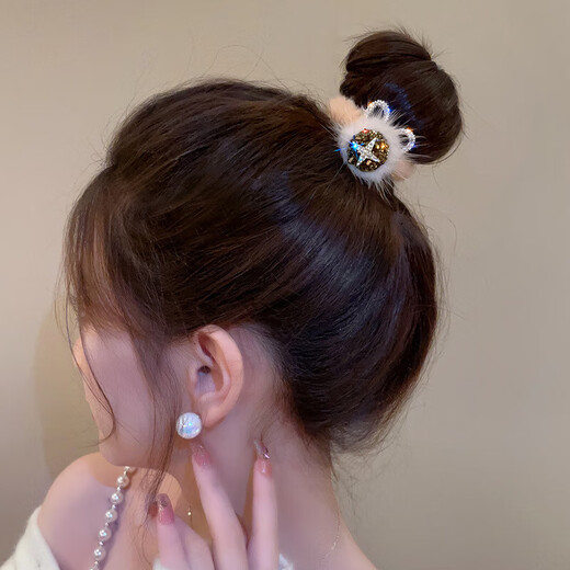 Charming season, autumn and winter temperament, rhinestone plush hair ring headdress for women, tied with scalp bands, fashionable buns, hair ropes, versatile 3897 gray and blue hair rings