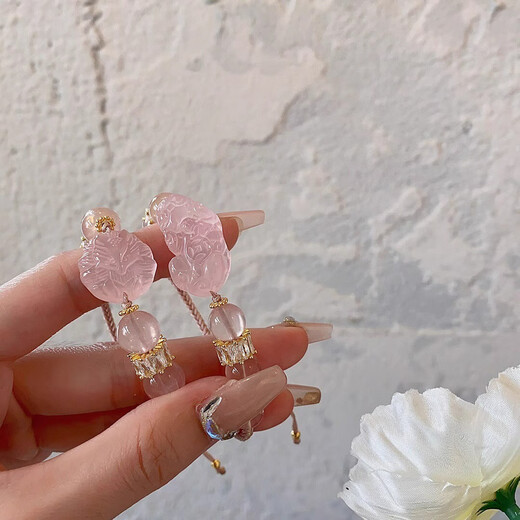 Pink crystal bracelet for women, peach blossom awakening lion, Pixiu braided rope, pink crystal bracelet, a niche gift for girlfriends and besties, Pixiu style 15cm