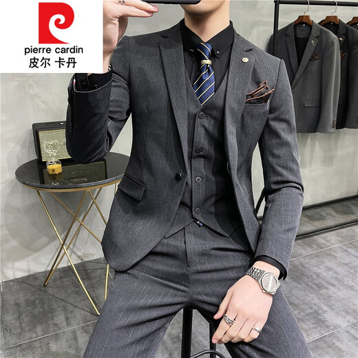 Pier Cardin Bräutigamanzug Drei-teiliger Hochzeitskleid Casual Formal Anzug hübscher koreanischer Stil Schlanker gestrickt 9905 Schwarzes dreiteiliges Set (Anzug + Weste + Hose) s