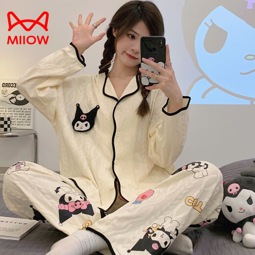 Cat Man (Miiow) Pyjamas en coton pur pour femmes au printemps et à l'automne nouveau pantalon à manches longues cardigan en vrac cariton doux caricatures mignons à la maison 9215 l [recommandée 100-120 Jin [Jin est égal à 0,5 kg]]]