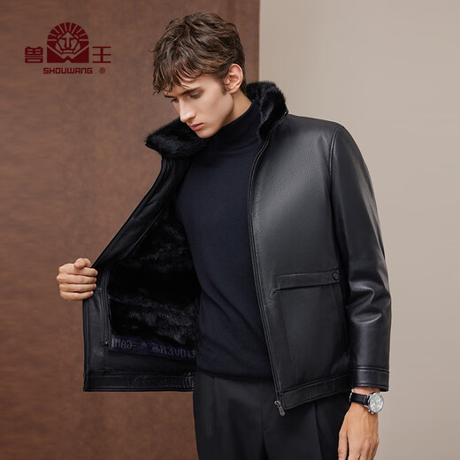 兽王（SHOUWANG）皮克服男2024秋冬新款山羊皮真皮皮衣可拆卸水貂内胆皮草外套 黑色 L 175/96A(50)