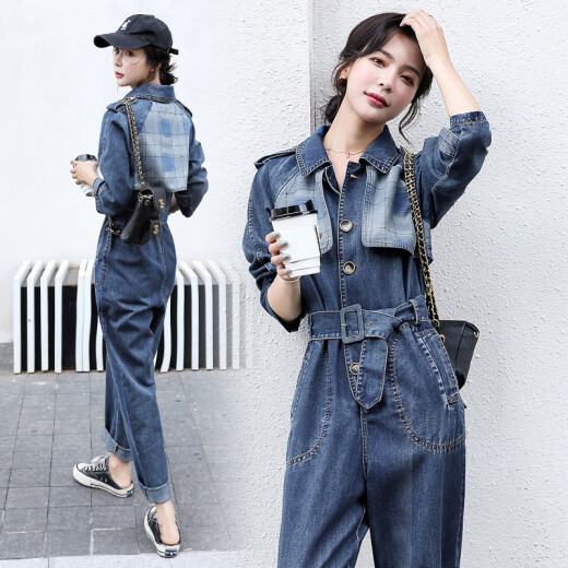 Qiandai workwear denim jumpsuit suit for women 2023 spring new high-waisted long-sleeved jumpsuit Harem denim jumpsuit blue plaid M96-105Jin [Jin equals 0.5 kg]