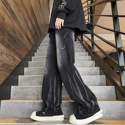 Shelley Jones American retro tie-dye jeans men's autumn and winter velvet washed gradient high street vibe slightly wide-leg pants black velvet L recommended 110-130Jin Jin equals 0.5 kg