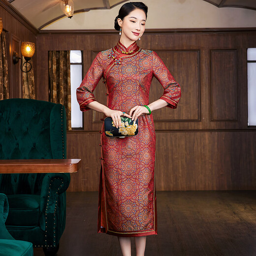 Xiyue 2025 Autumn Chinese Style Traditional Song Jinmulberry Silk Handmade Flower Button Cheongsam Dress High-end Banquet Dress New Year Red XL (Weight 115~125)
