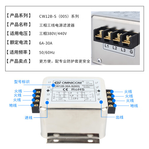 Taiwan Omnicom Power Filter dreiphasig 380V10A20A30ACW12B-20A-S (005) Anschlussschienentyp CW12B-10A-S (005) dreiphasig dreiadrig 10A CW12B-S (005) und optionale Schienentypinstallation