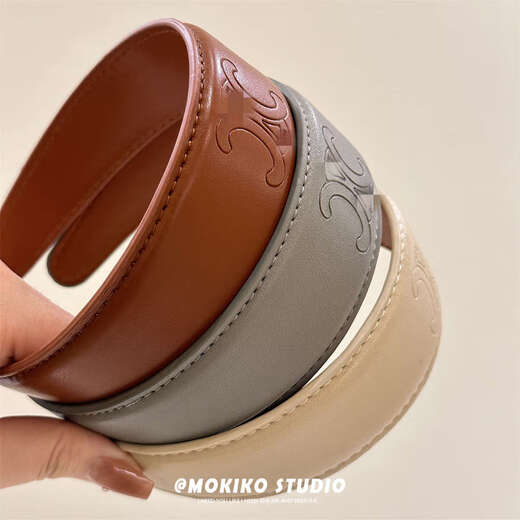 Nanzhi French high-end retro leather letter headband with pressed edge and wide edge for outing heavy industry light luxury hair accessories for women Black-leather c letter headband