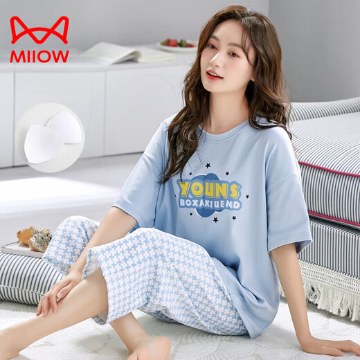 猫人（MiiOW）纯棉睡衣女士夏季带胸垫薄款短袖七分裤外穿休闲夏天家居服套装 带胸垫七分：Y-2601 女XL码