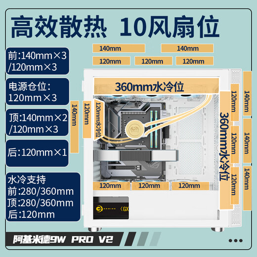 Great Wall Archimedes 9 PRO V2 white computer case (360 water cooling/magnetic glass flap/0.8mm thick side panel/5 hard drive slots/10 fan slots/5090 graphics card)