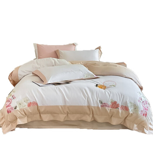 Arctic velvet (Bejirog) 100 long velvet cotton four-piece set full cotton embroidered quilt cover bed sheet double pure cotton quilt cover bedding style slightly drunk rose - elegant white 1.5m (5 feet) bed sheet four-piece set