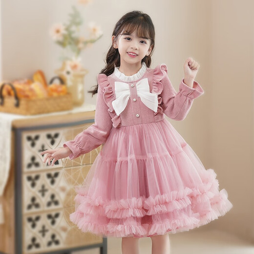 Anneyol girls dress spring and autumn skirt 2025 new children's style autumn dress little girl dress red princess dress pink velvet 120