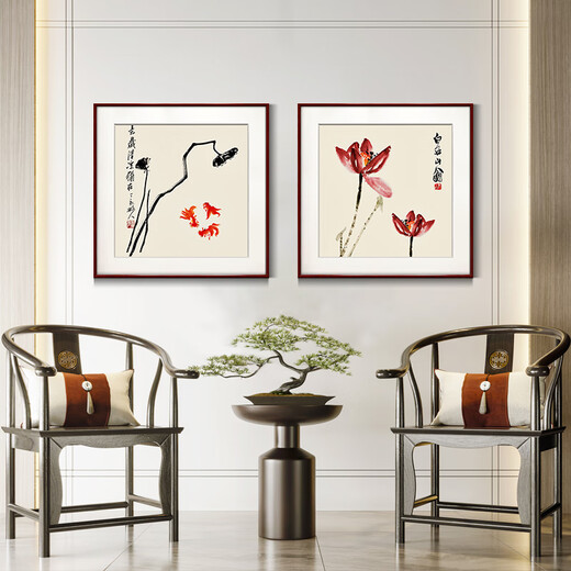 Zi Teng Suixuan Qi Baishi decorative painting new Chinese style living room background wall hanging painting bedroom dining room restaurant ink shrimp mural solid wood Shoutao A type 60*60cm (plexiglass) (default mahogany color frame)