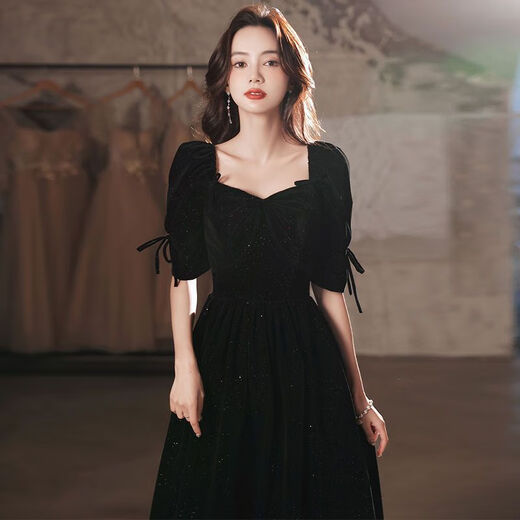 Gangdan black evening dress banquet evening dress 2024 new style elegant and slim annual meeting niche high-end dress dress black long XL