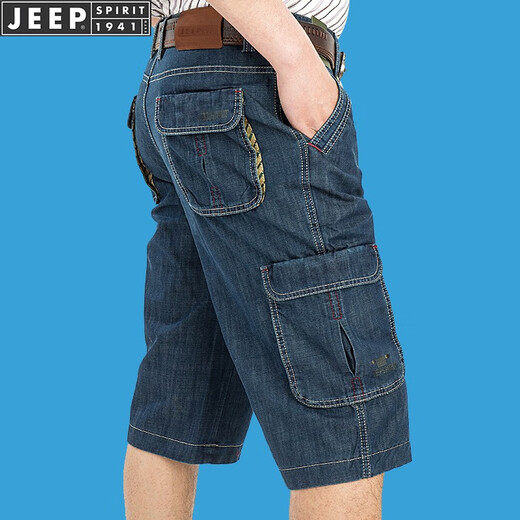 JEEP SPIRIT吉普休闲牛仔短裤男直筒宽松夏季七分裤多口袋工装中裤753 深蓝753 34