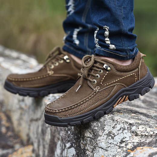 Xingxian Lu-Männerschuhe weiche und komfortable handgefertigte Freizeitschuhe Hartschuhe-resistente atmungsaktive Kuhlädenschuhe Herren Wanderschuhe im Freien im Freien 6198 Khaki 44
