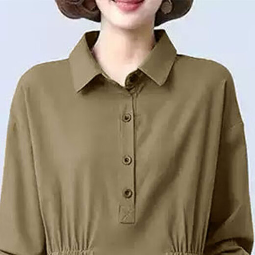 Zimu-Baumwoll- und Leinenherbst-Kleidung für Frauen, literarisches und lässiges Polokragen mit mittlerer Länge mit langen Ärmeln locker schlanker Rock 9859 Khaki M (Empfohlen 95-115jin [Jin entspricht 0,5 kg]))