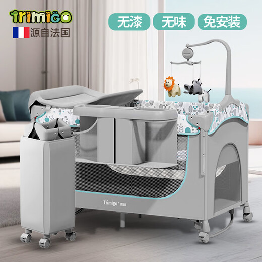 Trimigo（泰美高）婴儿床带尿布台折叠拼接婴儿摇摇床移动新生儿床游戏围栏多功能床 【自然树叶】1.1米升级款万向轮 可移动婴儿拼接大床婴儿折叠床