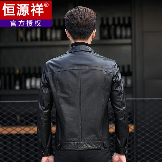 Hengyuanxiang 2023 Herbst und Winter Haining Revers Echtlederjacke Herren Erste Schicht Rindslederjacke Kurz Slim Button Motorradjacke Schwarz 180/2XL (140-155Jin Jin entspricht 0,5 kg)