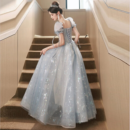 Li Baixin blue evening dress banquet light luxury niche temperament high-end advanced sense art test host adult ceremony for women spring blue M recommended 90-100Jin Jin equals 0.5 kg