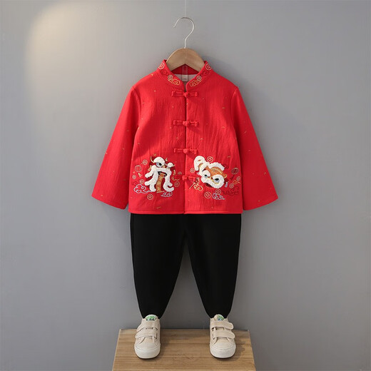 圆圆米米男童汉服宝宝中国风衣服儿童周岁礼服加绒唐装名族古装套装少爷服 WLCX753加绒红色 90