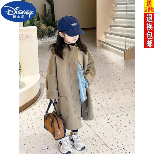 迪士尼（DISNEY）高端童装中长款女童大衣加厚毛呢大衣中小童呢子连帽外套冬季风衣 驼色【夹棉】 160