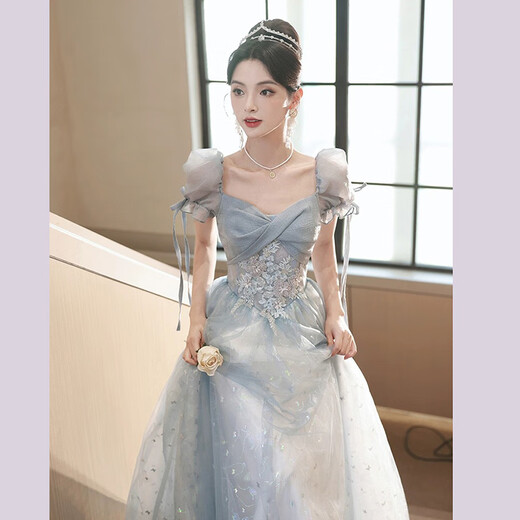 Li Baixin blue evening dress banquet light luxury niche temperament high-end advanced sense art test host adult ceremony for women spring blue M recommended 90-100Jin Jin equals 0.5 kg