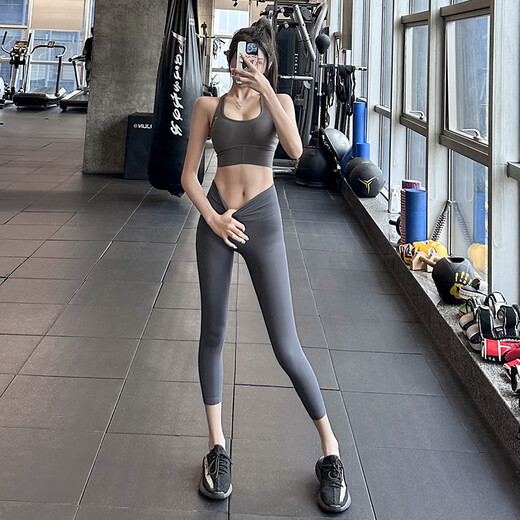 LULULMCCTN high-waist butt-lifting yoga pants for women, abdominal control, Pilates training, running sports, naked fitness pants, lead gray S