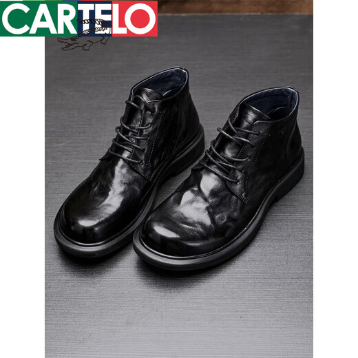 卡帝乐鳄鱼（CARTELO）轻奢高档男士真皮马丁靴休闲时尚短靴圆头中帮黑色平底潮流靴子男 鞋带6629-2加绒保暖 43