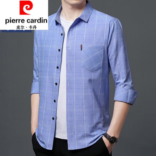 Pier Cardin Pure Cotton High Elastic Langarmed Hemd Herren Frühling und Herbst mittleren Alters und ältere Männerplaid lou lous großer Baumwollhemd 6626 Blauer Dünnstil 175/XL empfohlen 135-145jin [Jin gleich 0,5 kg]