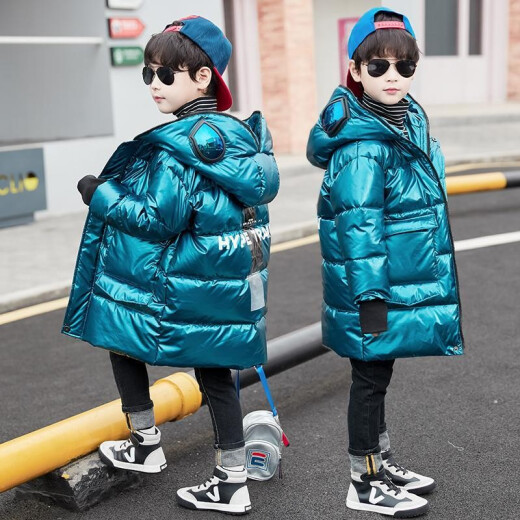 Future partner children's clothing boys' cotton-padded jacket 2020 winter new style children's medium-sized children's Ultraman glasses cotton-padded jacket boys' back vertical stripes mid-length bright leather cotton-padded jacket Korean version trendy blue 130 size recommended height around 120cm