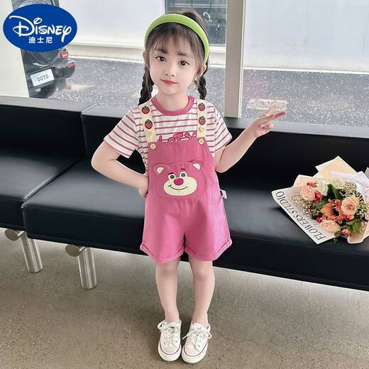 迪士尼（Disney）女童夏装套装2025新款儿童装洋气时髦背带裤短袖女宝宝夏季两件套 粉红色 100 适合身高90-100cm年龄3-4周岁