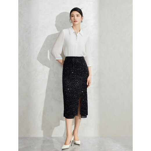 
Pink blue wardrobe 2024 autumn new luxury shiny and noble beads light workplace skirt for women 5A3Q698 ink black 2XL