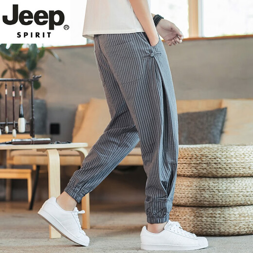JEEP SPIRIT吉普亚麻裤男夏季薄款九分裤宽松束脚哈伦裤中国风男裤条纹棉麻裤 MK983黑色 L (115-135斤)