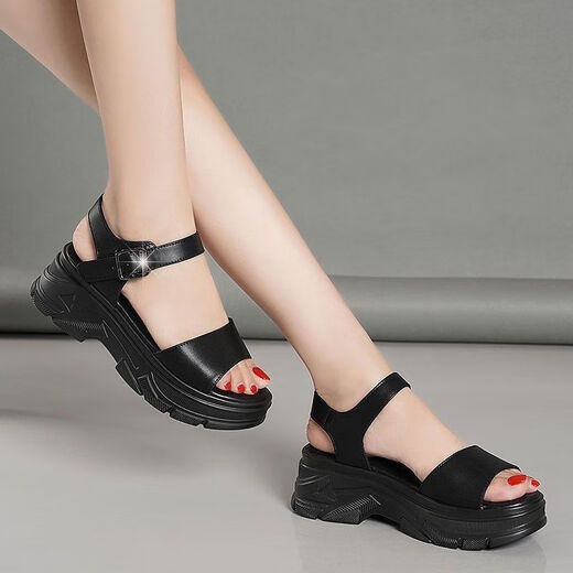 
Huilijun Songcake Sole Genuine Leather Sole Sandals for Women 2024 Summer New Wedge Thick Sole Sports Sandals Black Upgraded Edition 37