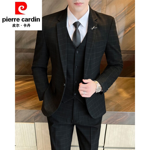 Pier Cardin Plaid Traje Juego de bodas Masculino Masino Vestido del novio del novio Slim Style Corean Casual Chaqueta Oficial Gris [traje + chaleco + pantalones + camisa] Regalo XL