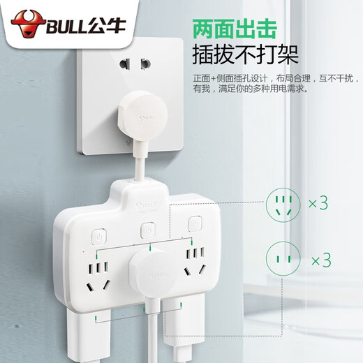 Bull short-line socket panel multi-hole plug-in multi-function plug-in strip wiring board power cord board short flexible wire socket plug-in board with line three-pin plug-in board 97333 six-socket sub-control switch wire length 2 cm
