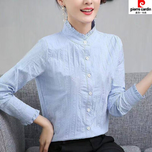 Pierre Cardin cotton pure cotton shirt new spring and autumn professional long-sleeved women's Korean style fungus bottoming shirt women's top 6601 white without embroidery S recommended 80-90Jin Jin equals 0.5 kg