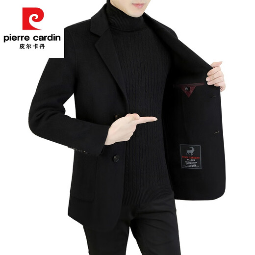 皮尔卡丹（pierre cardin）[鹅绒内胆]100%羊毛双面呢男士毛呢大衣呢子外套男短款秋季冬款 黑色【9131鹅绒内胆-100羊毛】 170/84A [M-120斤以内]