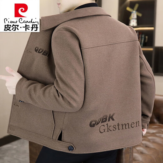 皮尔卡丹（pierre cardin）高档羊毛呢外套男2024新款潮牌休闲中青年加绒加厚夹克男装上衣服 咖色 2XL 180