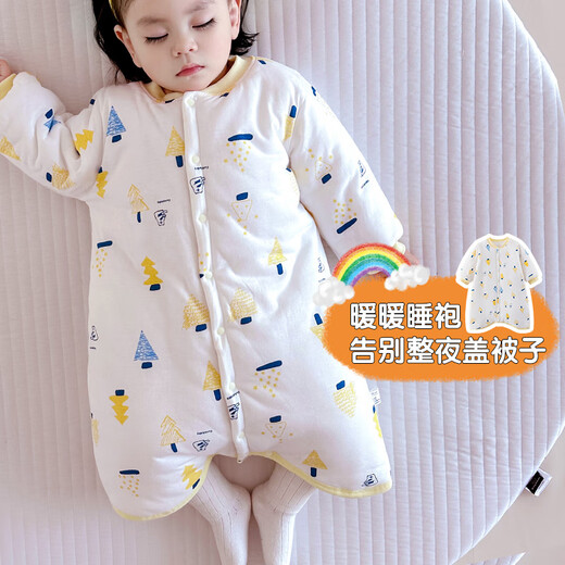 Wua wua baby clothes autumn and winter cotton clothes baby pajamas long-sleeved thick cotton sleeping bag children's belly protection anti-kick quilt warm nightgown Huang Xiaoxiong-thick cotton style 90