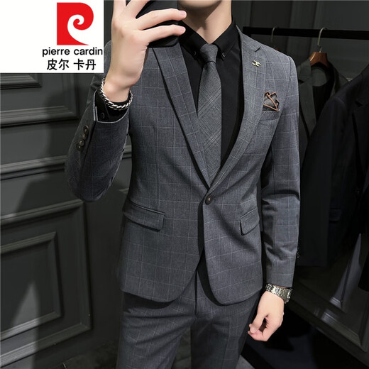 Pierre Cardin suit men's plaid three-piece suit British slim business professional formal casual small suit wedding dress knitted gray (jacket + pants) S