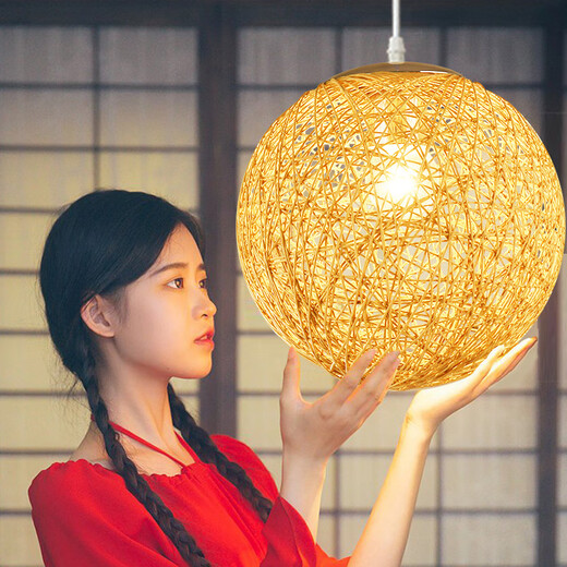 Yilin hand-woven hemp ball chandelier Japanese-style rattan Chinese-style Hunan restaurant shop commercial rattan art ball lamp house Ji Feng root carving hemp natural color 30x30x30cm 24W