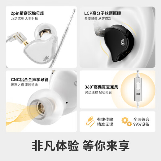 MiSheng Gemini in-ear gaming headset HiFi with mic and high quality typec interface e-sports headset Delta mobile special with mic headset with replaceable cable White porcelain-3.5mm with mic-free mini sound card for membership