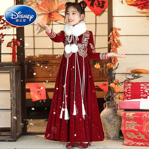 迪士尼女童汉服冬季加厚连衣裙2024新款中大童复古喜庆拜年服儿童唐装冬 9855红色加厚+毛领 140