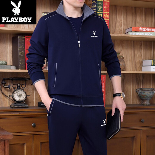 Playboy sports suit men's three-piece set spring and autumn new style dad suit large size middle-aged and elderly casual running sports suit 3937 dark blue [spring and autumn three-piece set] L [recommended 100-120 Jin [Jin equals about 0.5 kg]]
